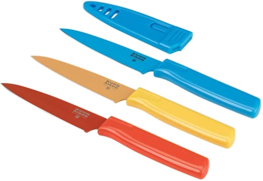 Kuhn Rikon Straight Paring Knife, 4 inch/10.16 cm Blade, Set of 3, Red, Yellow & Blue