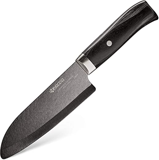 Kyocera Advanced Ceramic LTD Series Santoku Knife with Handcrafted Pakka Wood Handle, 5.5-Inch, Black Blade