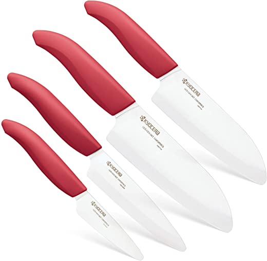 Kyocera Advanced Ceramic Revolution 4-Piece Knife Set: Includes 6-inch Chef’s Santoku, 5.5-inch Santoku, 4.5-inch Utility and 3-inch Paring-Red…