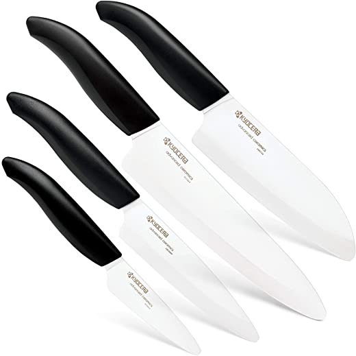 Kyocera Advanced Ceramic Revolution 4-piece Knife Set: Includes 7″ Chef’s Santoku, 5Santoku, 4.5″ Utility & 3″ Paring-black Handle W/ White Blades