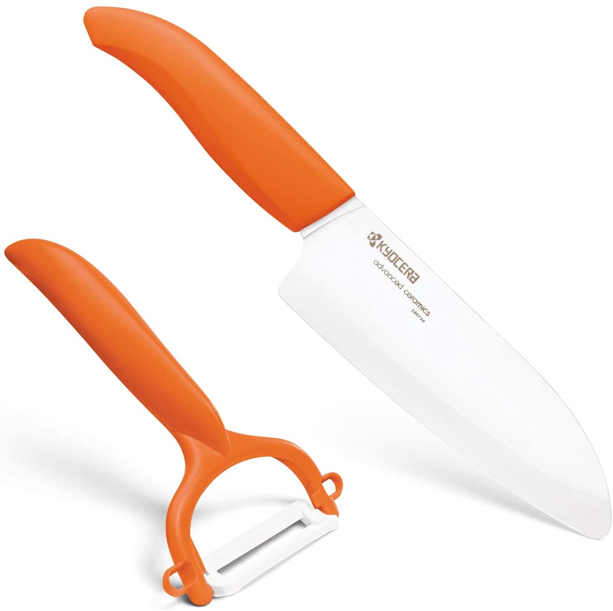 Kyocera Advanced Ceramic Revolution Series 5-1/2-inch Santoku Knife and Y-Peeler Set, Orange