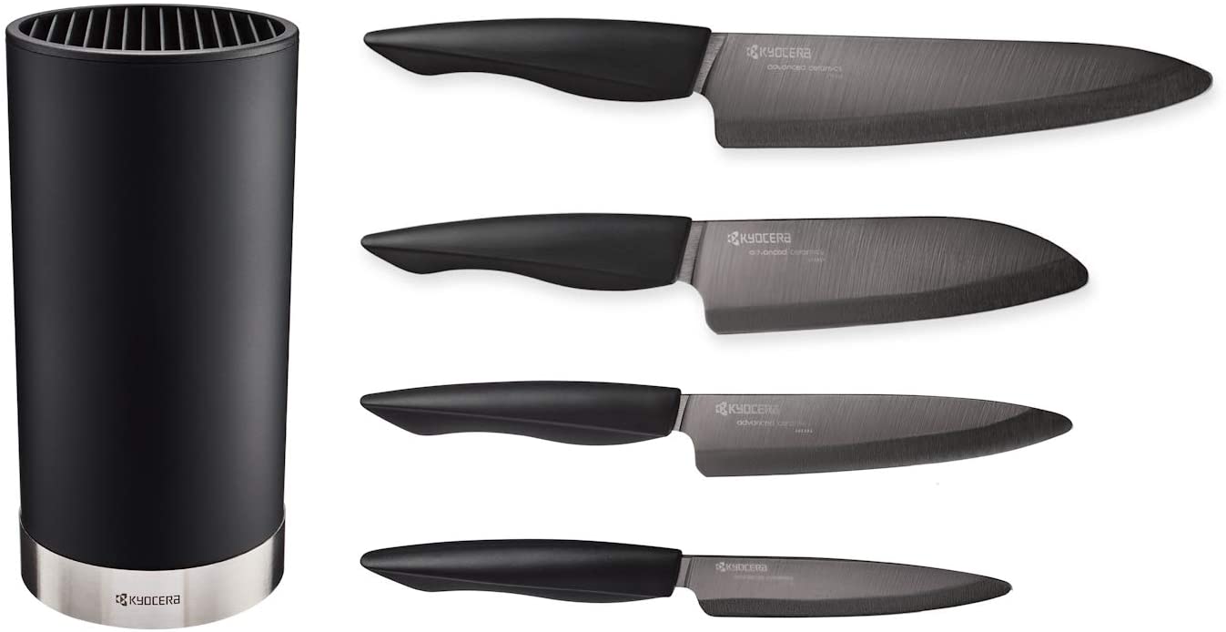 Kyocera Universal Knife Block Set Includes: Black Soft Touch Round Block and 4 Innovation Series Ceramic Knives, Z212 Black Blades
