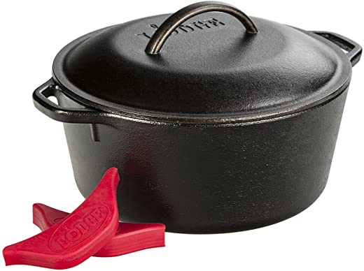 Lodge Cast Iron Dutch Oven with Handle Holders, 5 quart, Black/Red