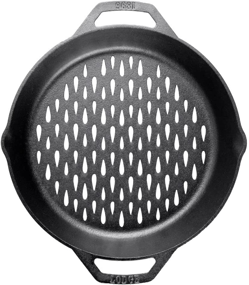 Lodge L10GBL 12″ Cast Iron Dual Handle Grill Basket, 12 Inch, Black