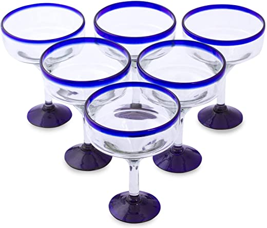 NOVICA – 284619 NOVICA Clear Blue Rim Glass Eco-Friendly Margarita Glasses, 13 Ounces, ‘Cobalt Contrasts’ (Set Of 6)