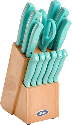Oster Evansville 14 Piece Cutlery Set, Stainless Steel with Turquoise Handles –