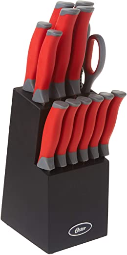Oster Lindbergh 14 Piece Stainless Steel Cutlery Black Block Set, Red Handles