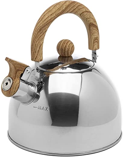 Primula Stewart Whistling Stovetop Tea Kettle Food Grade Stainless Steel, Hot Water Fast to Boil, Cool Touch Folding, 1.5 Qt, Polished Silver with…