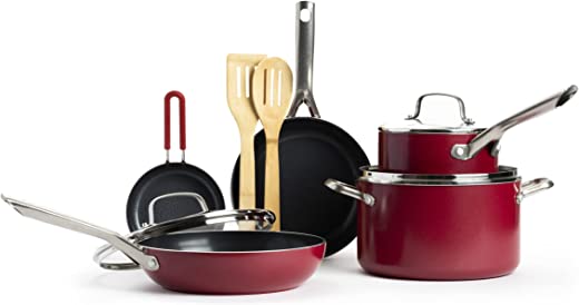 Red Volcano Textured Healthy Ceramic Nonstick Cookware Pots and Pans Set, 10 Piece