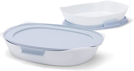Rubbermaid Glass Baking Dishes for Oven, Casserole Dish Bakeware, DuraLite 4-Piece Set, 9″ x 13″ and 8″ x 12″, White (with Lids)