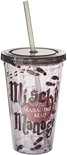 Silver Buffalo Harry Potter Mischief Managed Plastic Cold Cup with Lid and Straw, 16 Ounces