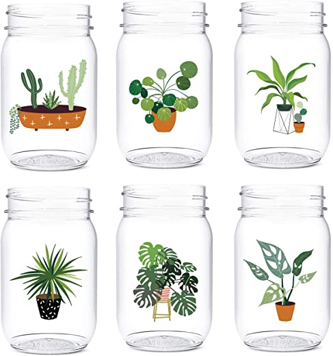 TOSSWARE POP 16oz Mason Plant Mom Series, SET OF 6, Premium Quality, Recyclable, Unbreakable & Crystal Clear Plastic Printed Mason Jars