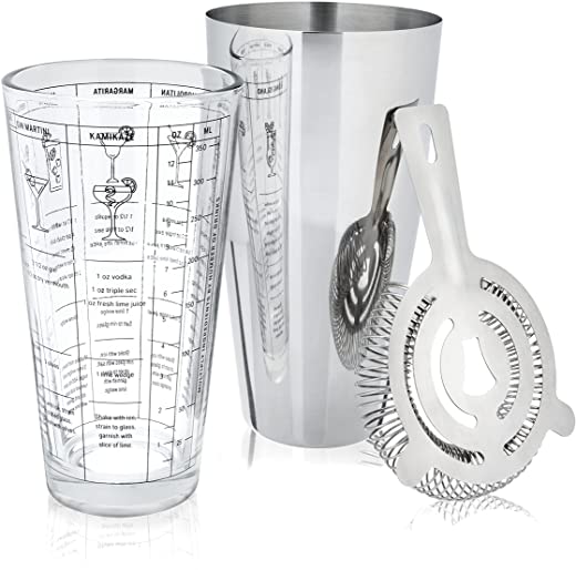 True 3-Piece Barware Set with 7 Cocktail Recipes and Measurements Printed on Mixing, Includes Shaker Tin and Hawthorne Strainer, Glass and…