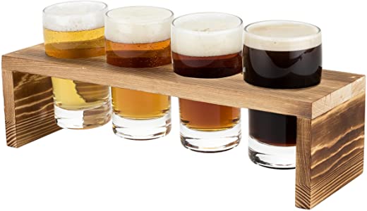 True Beer Flight Set, Four 5 oz Tasting Glasses, Wooden Flight Board, Beer Tasting Set