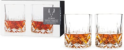 Viski Admiral Crystal Whiskey Tumblers Set of 2, Lead-Free Premium Crystal Clear Glass, Classic Lowball Cocktail Glasses, Scotch Glass Gift Set, 9 oz