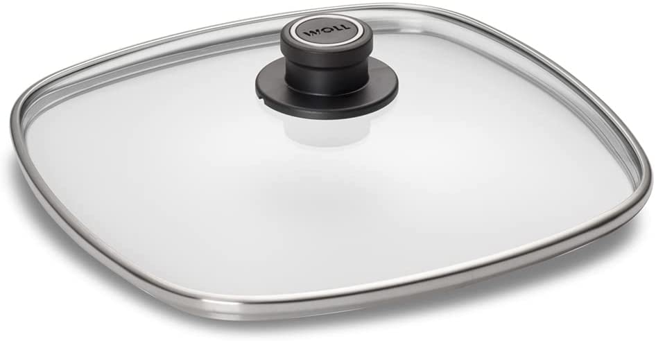 Woll Tempered Glass with Stainless Steel Rim and Vented Knob Square Lid, 11″ x 11″, Clear