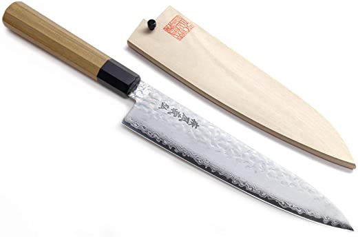 Yoshihiro VG-10 46 Layers Hammered Damascus Gyuto Japanese Chefs Knife (Octagonal Ambrosia Handle) (8.25″ (210mm))