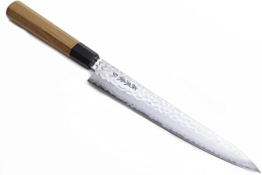 Yoshihiro VG-10 46 Layers Hammered Damascus Sujihiki Japanese Slicer Knife, 9.5inch (Octagonal Ambrosia Handle)