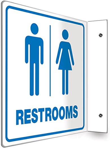 Accuform”Restrooms”, 90D Projection Sign, 8″ x 8″ Panel, 0.10″ Thick High-Impact Plastic, Pre-Drilled Mounting Holes, Blue on White