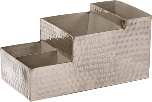 American Metalcraft HMBAR9 Hammered Stainless Steel Coffee Caddy, 4 Compartments, 8″ x 4″, Silver