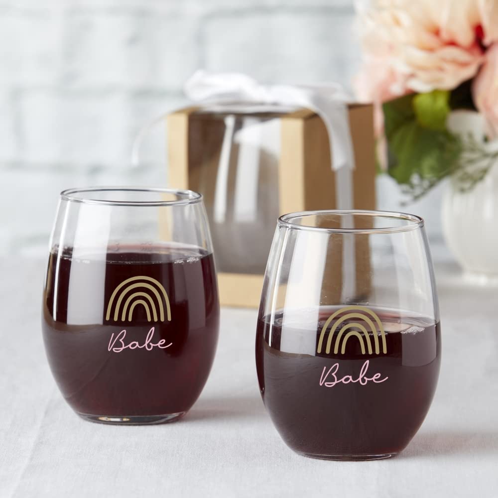 “Babe” 15 oz. Stemless Wine Glass – Boho Rainbow Design (Set of 4)