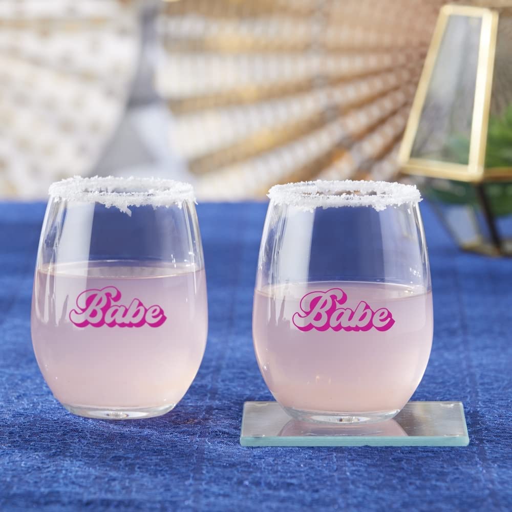Babe 15 oz. Stemless Wine Glass Retro Design (Set of 4) Bridal Party Gift