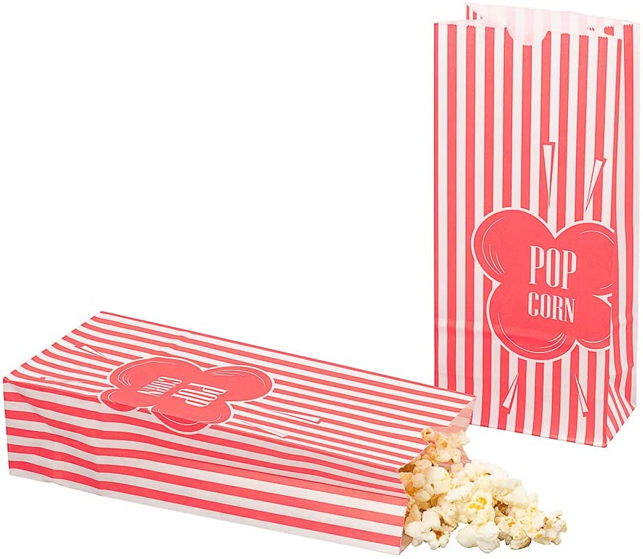 Bag Tek 1 Ounce Popcorn Bags, 100 Disposable Paper Popcorn Bags – Greaseproof, Striped, Red Paper Concession Popcorn Bags, For Movie Nights,…