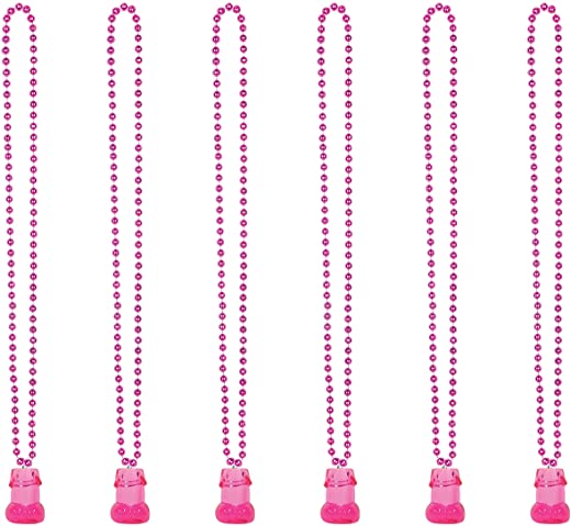 Beistle 6 Piece Novelty Beaded Necklaces with 1 Ounce Wille Shot Glasses Bachelorette Party Supplies, 33″, Pink