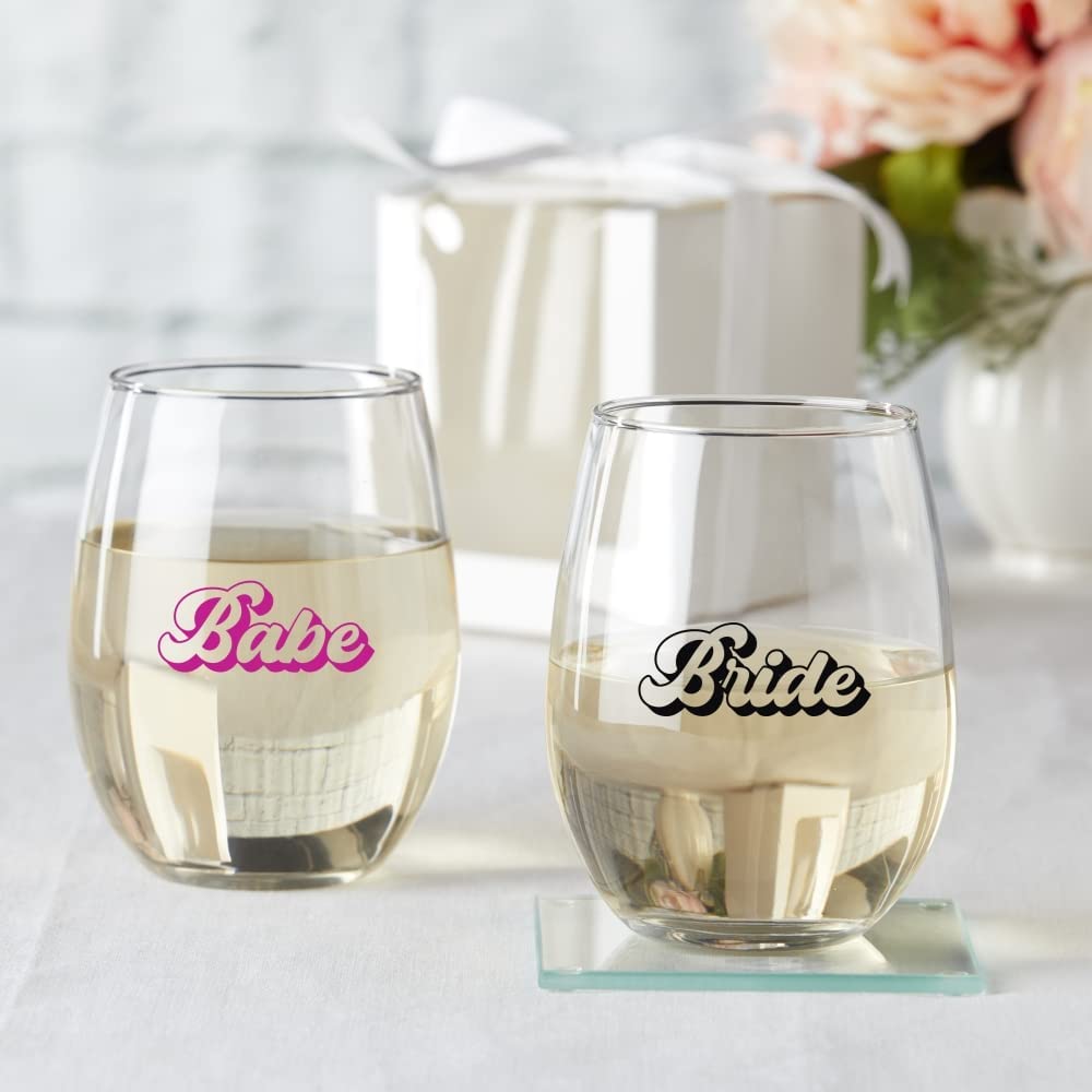 Bride & Babe Kate Aspen 15 oz. Stemless Wine Glass – Retro Design (Set of 4) Bridal Party Gift