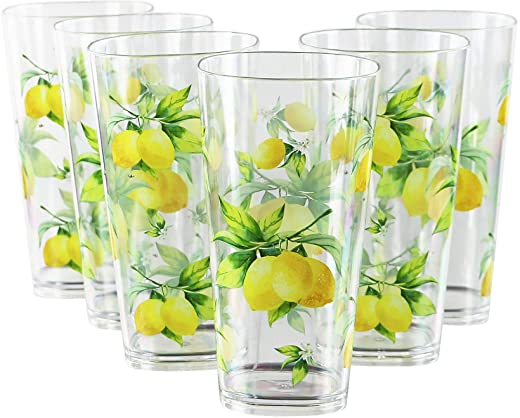 Calypso Basics Fresh Lemons by Reston Lloyd, 19oz Acrylic Ice Tea Drinkware, Set of 6, white, lemon, green