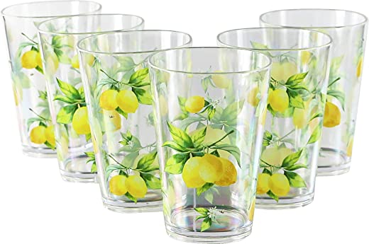 Calypso Basics Fresh Lemons, by Reston Lloyd, 8oz Acrylic Juice Drinkware, Set of 6, white, lemon, green