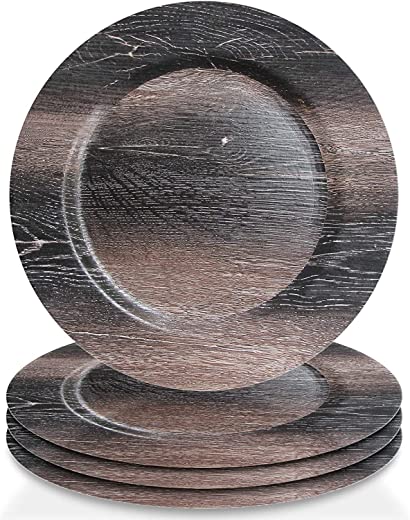ChargeIt by Jay Walnut Set of 4 Faux Wood Round Melamine Charger Plates 13×13″ Brown