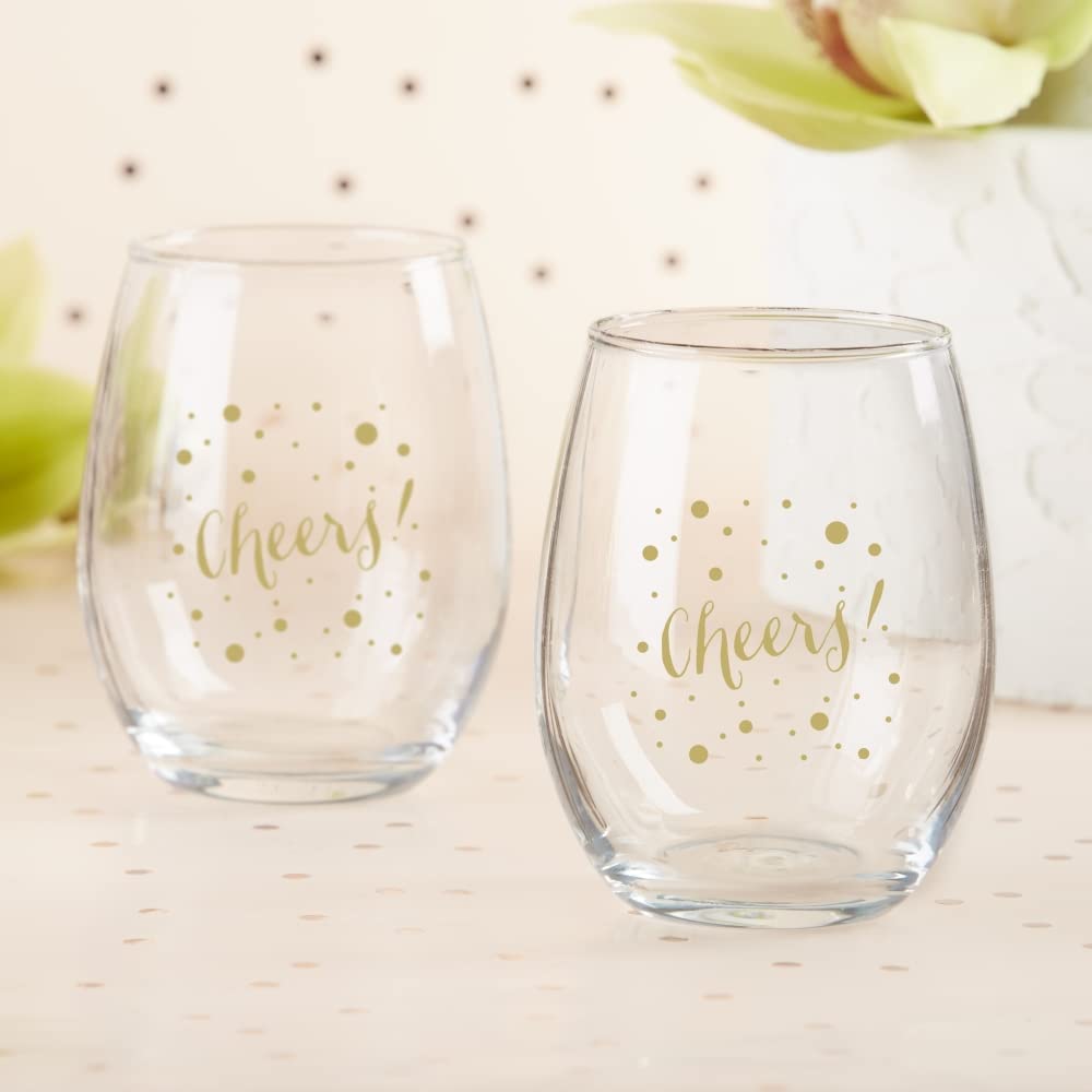 “Cheers” 15 oz. Stemless Wine Glass – Confetti Design (Set of 4)