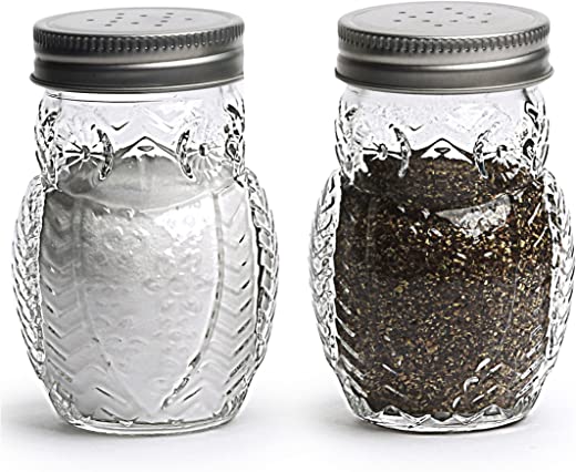 Circleware Elegant Owl Shaped Glass Mason Salt and Pepper Shakers with Metal Lids, Perfect for Himalayan Seasoning Herbs Spices, 2-Piece Set