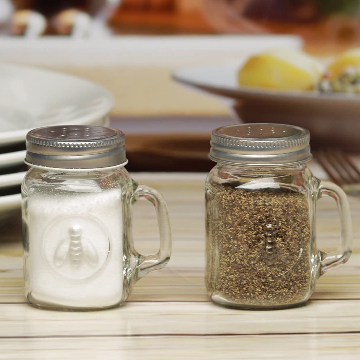 Circleware Honey Bee Mason Jar Mug Salt and Pepper Shakers with Glass Handles and Metal Lids, Set of 2, 5 oz