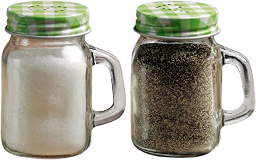 Circleware Yorkshire Mason Jar Mug Glass Salt and Pepper Shakers with Glass Handles and Green & Lids, Set of 2, 5 oz., Clear