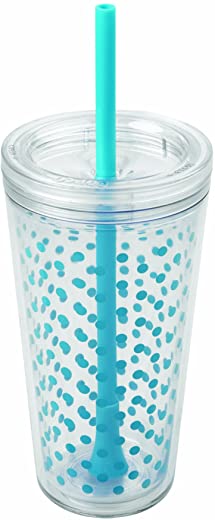 Copco Minimus Double Wall Insulated Tumbler with Removable Straw, 24-Ounce, Cyan Blue Dots