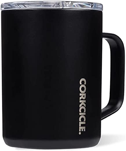 Corkcicle Sparkle 16 Ounce Coffee Mug Triple Insulated Stainless Steel Cup with Clear Lid and Silicone Bottom for Hot Drinks, Matte Black