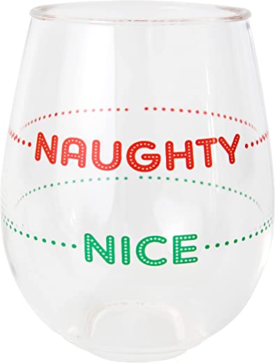 C.R. Gibson QWG2O-22630 Naughty or Nice Acrylic Stemless Wineglass for Christmas Parties and Celebrations, 12 fl. Oz.