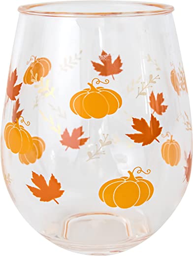 C.R. Gibson QWG2O-24065 Fall Leaves and Pumpkins Acrylic Stemless Wineglass for Thanksgiving and Friendsgiving, 12 fl. Oz.