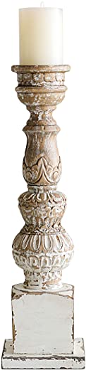 Creative Co-Op Hand Carved Mango Wood Candle Pillar Holder, 20 Inch, Off- White