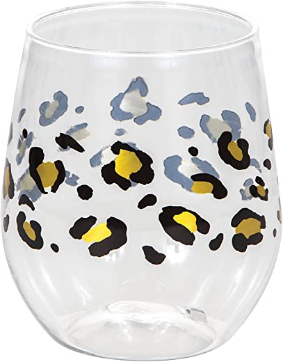 Creative Converting Leopard Wine Glass, 14 oz, White, Black and Gold