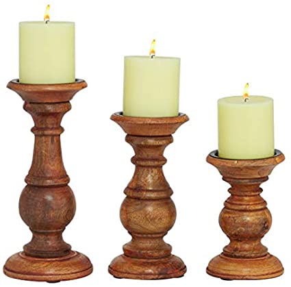 Deco 79 Traditional Mango Wood Candle Holder, Set of 3, 6″, 8″, 10″H, Brown