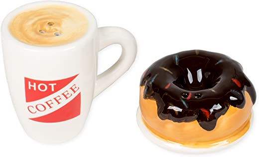 DII Hot Coffee and Donut Ceramic Salt and Pepper Shakers, 2 x 2 inches, Multicolor