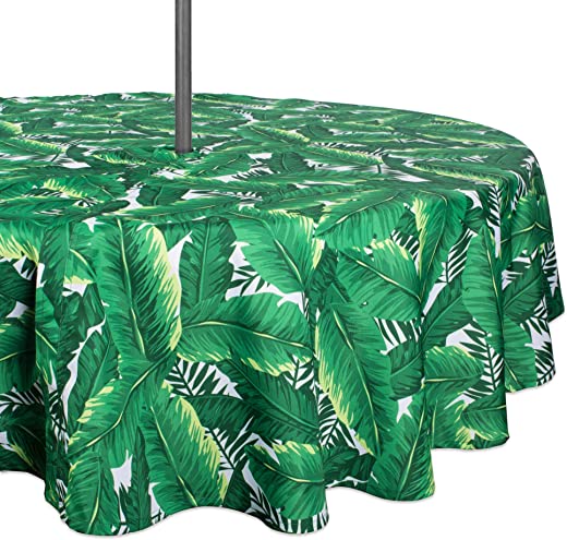 DII Outdoor Tabletop Collection, Stain Resistant & Waterproof, 60″ Round w/Zipper, Banana Leaf