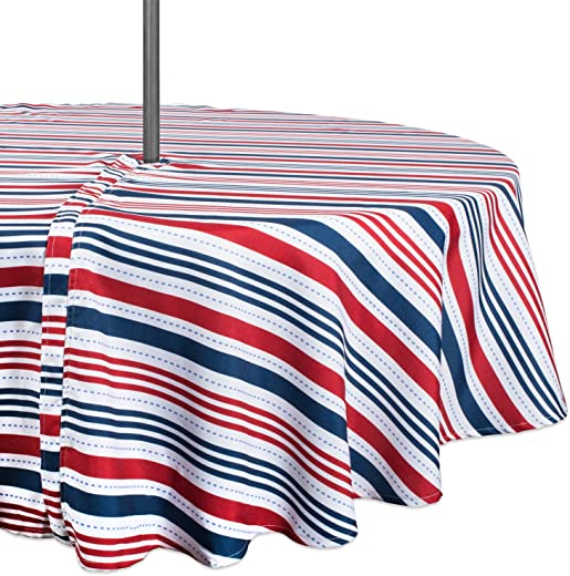 DII Patriotic Stripes Tabletop Collection, Stain Resistant & Waterproof, 60″ Round w/Zipper, Red, White, & Blue