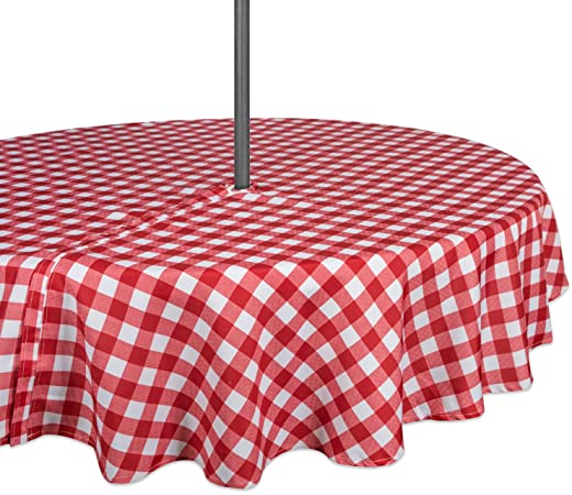 DII Red Check Outdoor Tabletop Collection, Stain Resistant & Waterproof, 60″ Round w/Zipper, Check