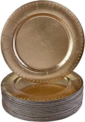 DISPOSABLE ROUND CHARGER PLATES – 10 PC (Gold Beaded)