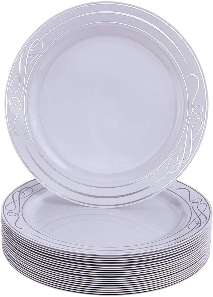 DISPOSABLE SIDE PLATES | 20 pc | Heavy Duty Plastic Dishes | Elegant Fine China Look | Bella – Silver 7.5”