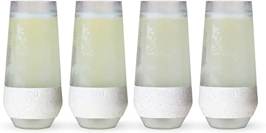 HOST Champagne Freeze Cooling Cups in Glitter Set Wine Chilling Drinkware, Set of 4, White